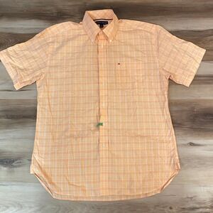 Tommy Hilfiger Shirt Mens Large Short Sleeve Button Down Orange Plaid Cotton